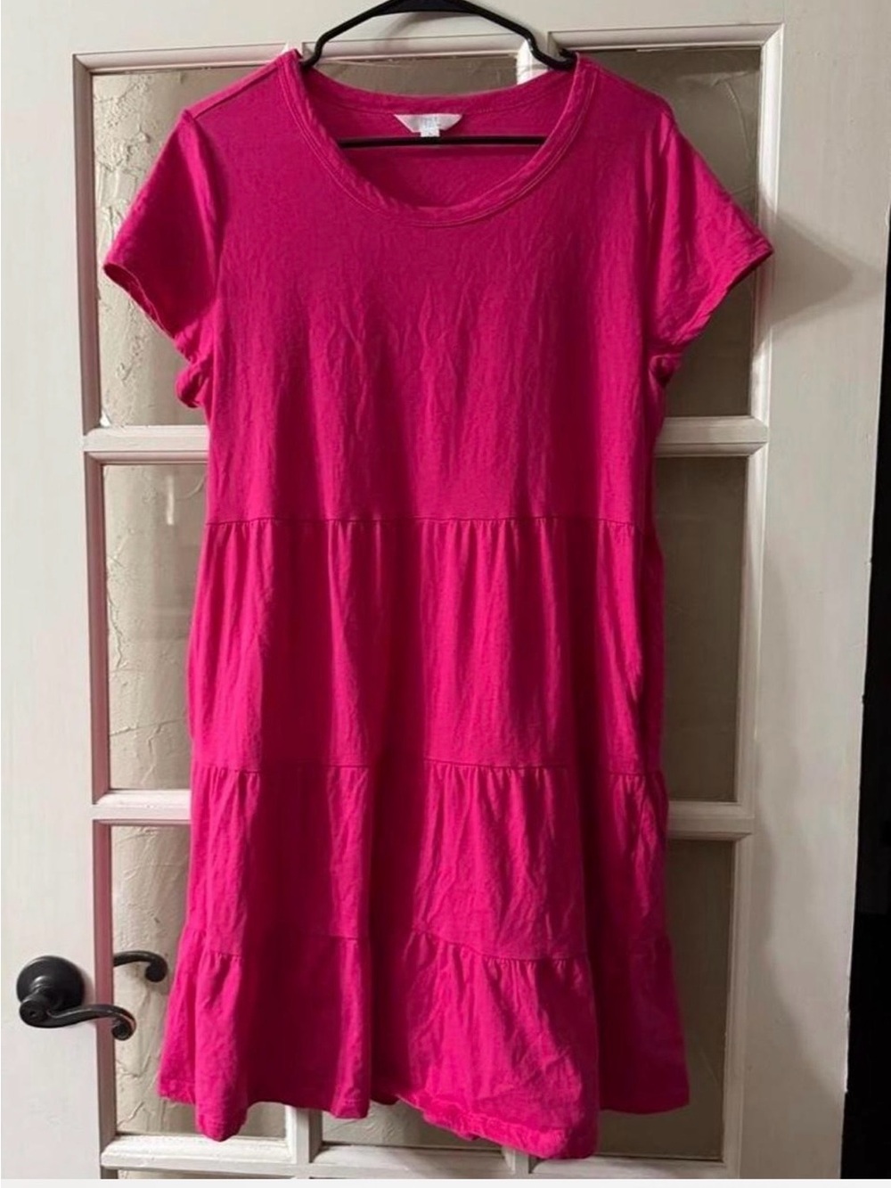 Time and Tru Tiered Short Sleeve Mini Dress - Bright Fuchsia Large
